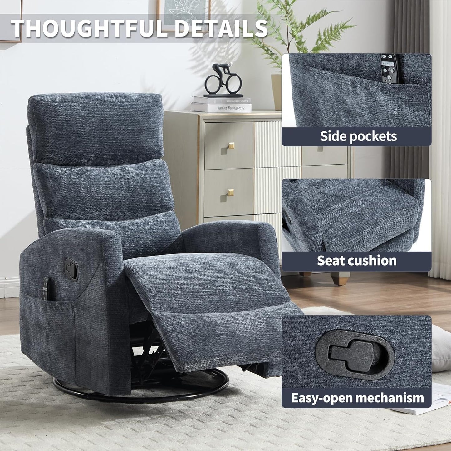 Massage Chair Recliner with Heat, Swivel Rocking Chair Recliner with High Back, Manual Nursery Recliners for Adults,Small Recliner Chair for Small Spaces, Living Room Bedroom, Fabric (Blue Green)