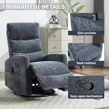 Massage Chair Recliner with Heat, Swivel Rocking Chair Recliner with High Back, Manual Nursery Recliners for Adults,Small Recliner Chair for Small Spaces, Living Room Bedroom, Fabric (Blue Green)