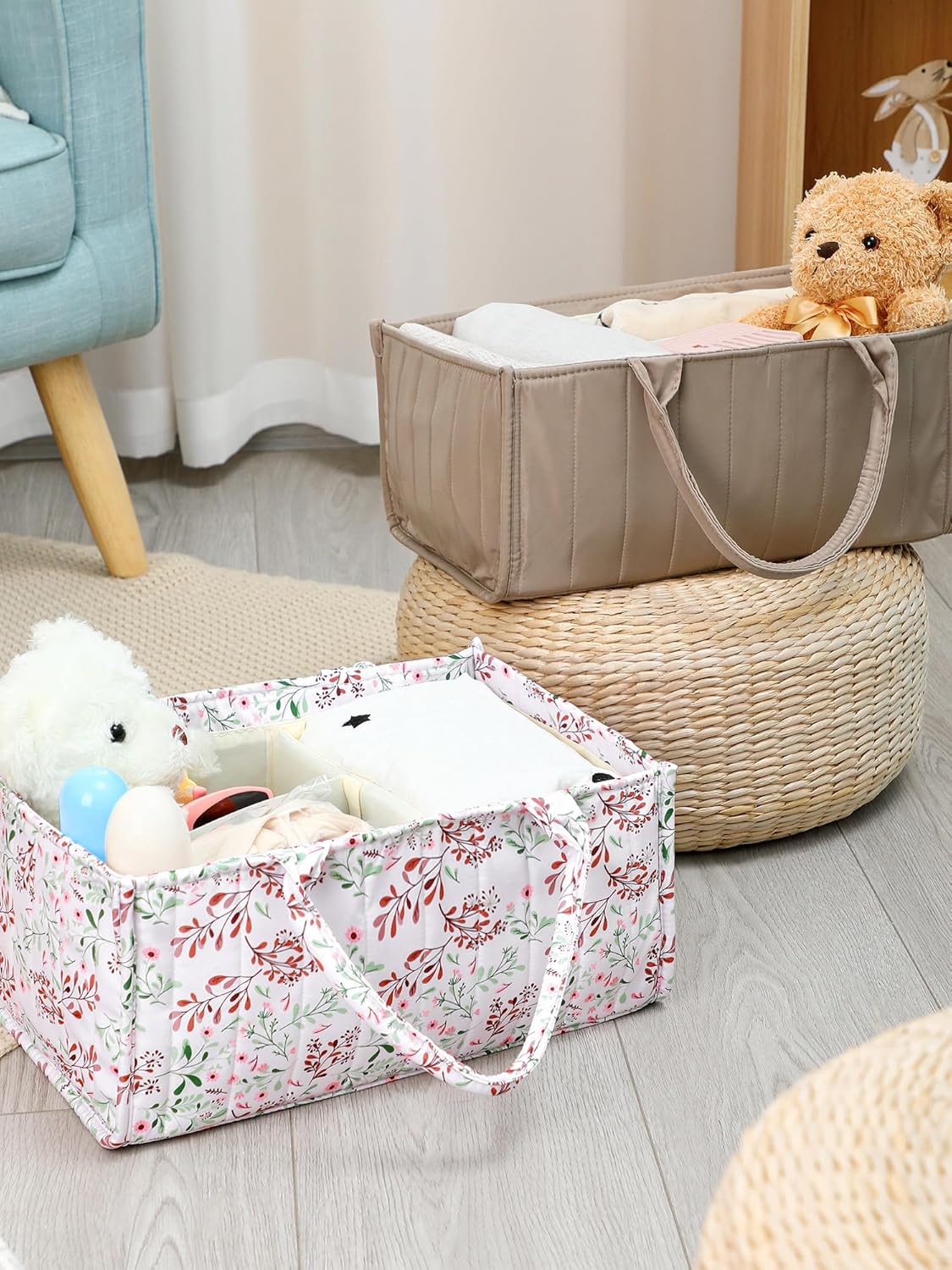 Shinylin 2 Pcs Diaper Caddy Organizer New Mom Gifts Stylish Brown Diaper Caddy Basket Floral Pastoral Daisy Nursery Storage Organizer Baby Shower New Parents Gifts for Baby Newborn Essentials