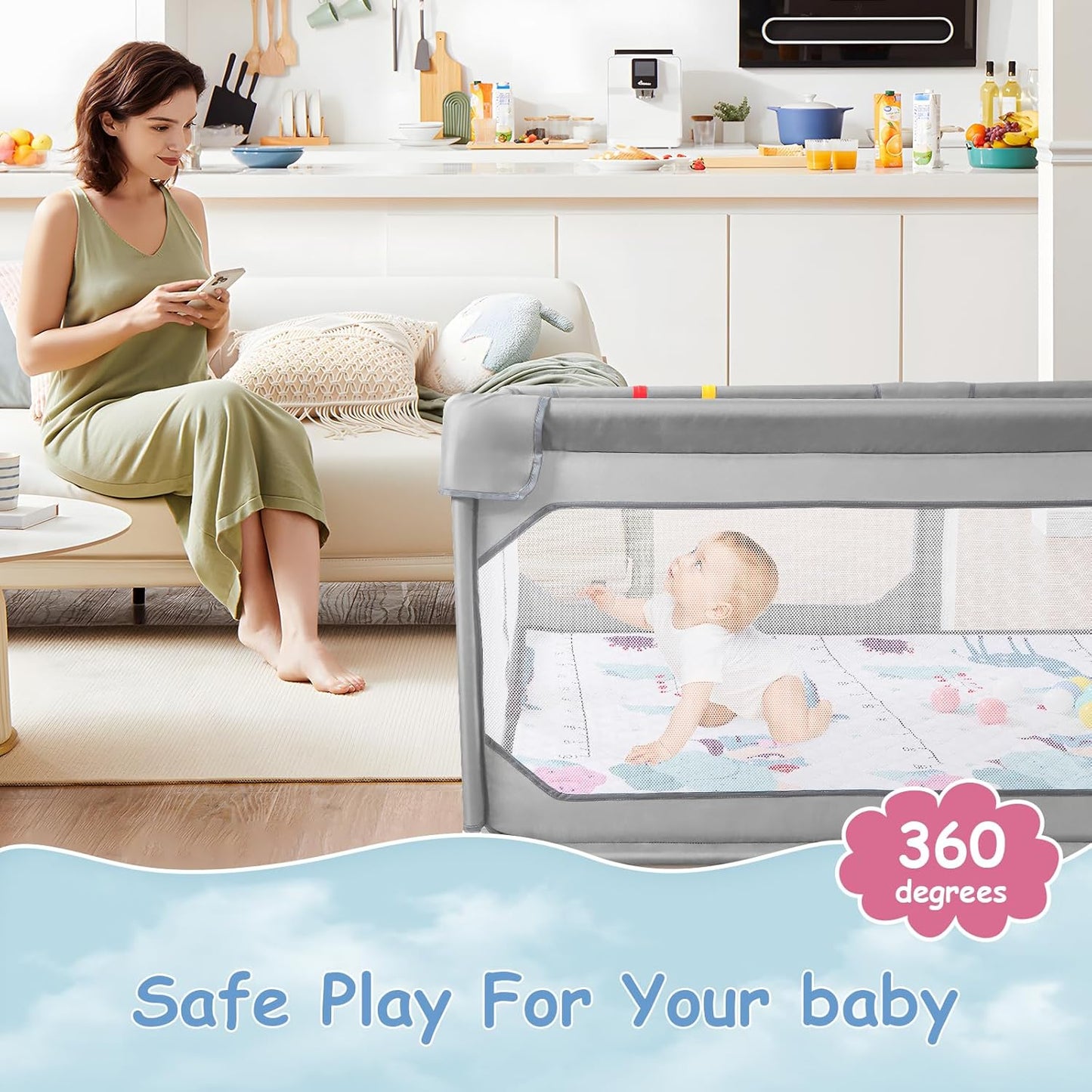 JINXIA Baby Playpen with Mat 75"*59", Large Play Pen for Babies and Toddlers with Soft Breathable Mesh, Climb-Proof Anti-Fall Baby Playpen, Sturdy Safety Play Yard for Indoor Outdoor Fun, Grey