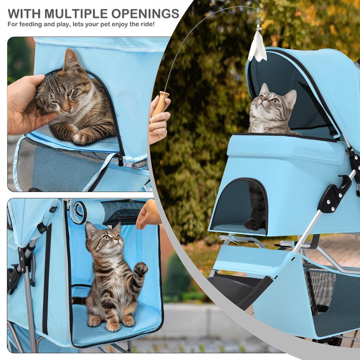MoNiBloom Foldable Pet Stroller with Weather Cover, 3 Wheels Pet Strolling Cart for Small/Medium Dogs and Cats with Storage Basket and Cup Holder, Breathable and Visible Mesh for All-Season, Black