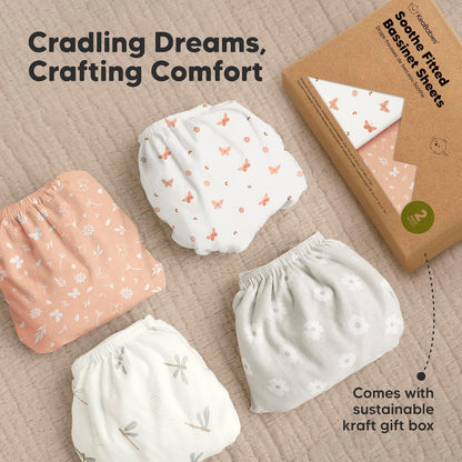 2-Pack Organic Bassinet Sheets for Girls, Boys - 100% Cotton Bassinet Mattress Sheets Compatible with Halo Bassinest Swivel Sleeper, Graco, Baby Delight, Chicco, Unisex Fitted Bassinet Sheets (Elly)