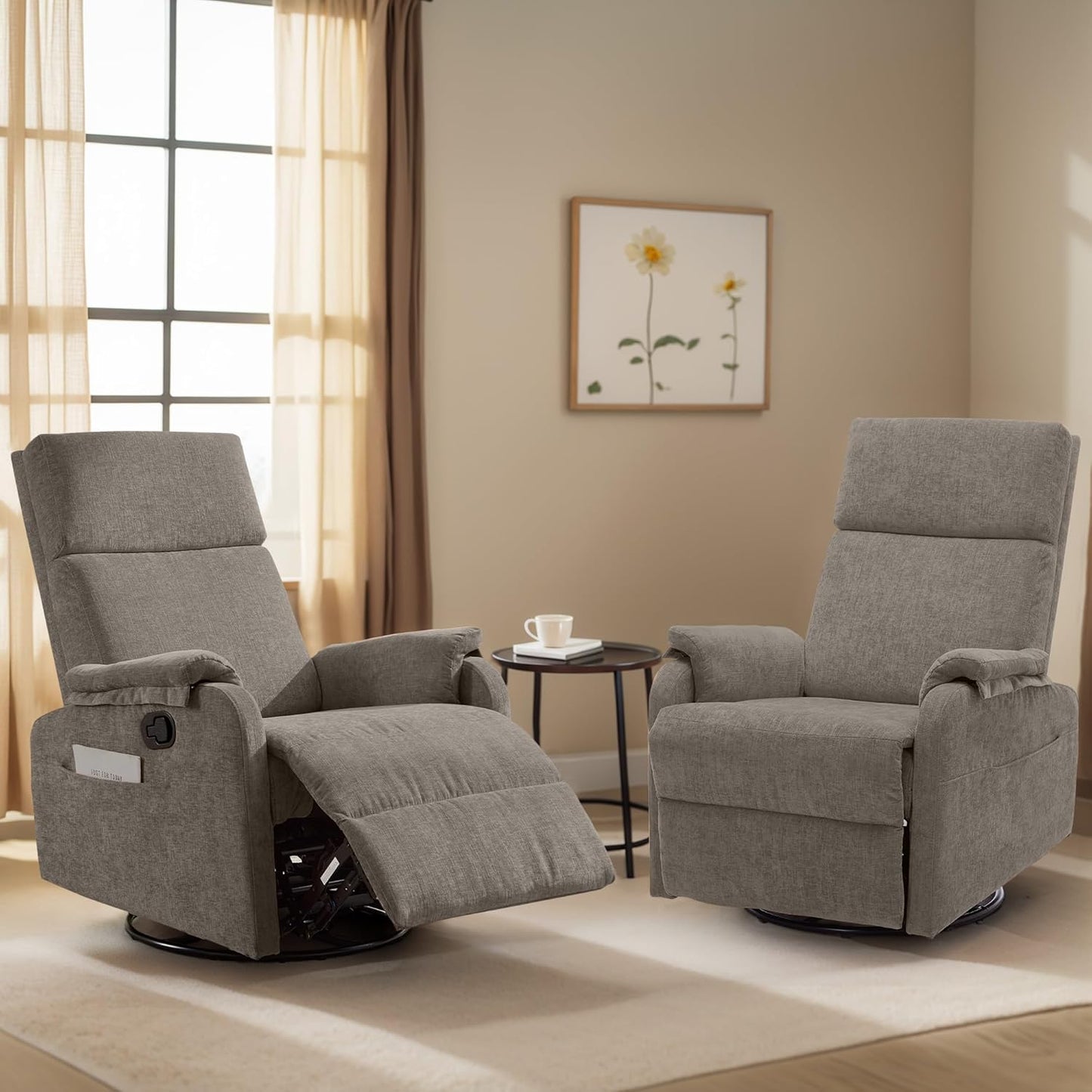 Korser Recliner Chair, Swivel Rocking Recliner Chair for Adults, Glider Rocking Chair, Small Nursery Chair Recliner for Living Room, Reclining Chair with Modern-Designed Armrests, Chenille, Beige