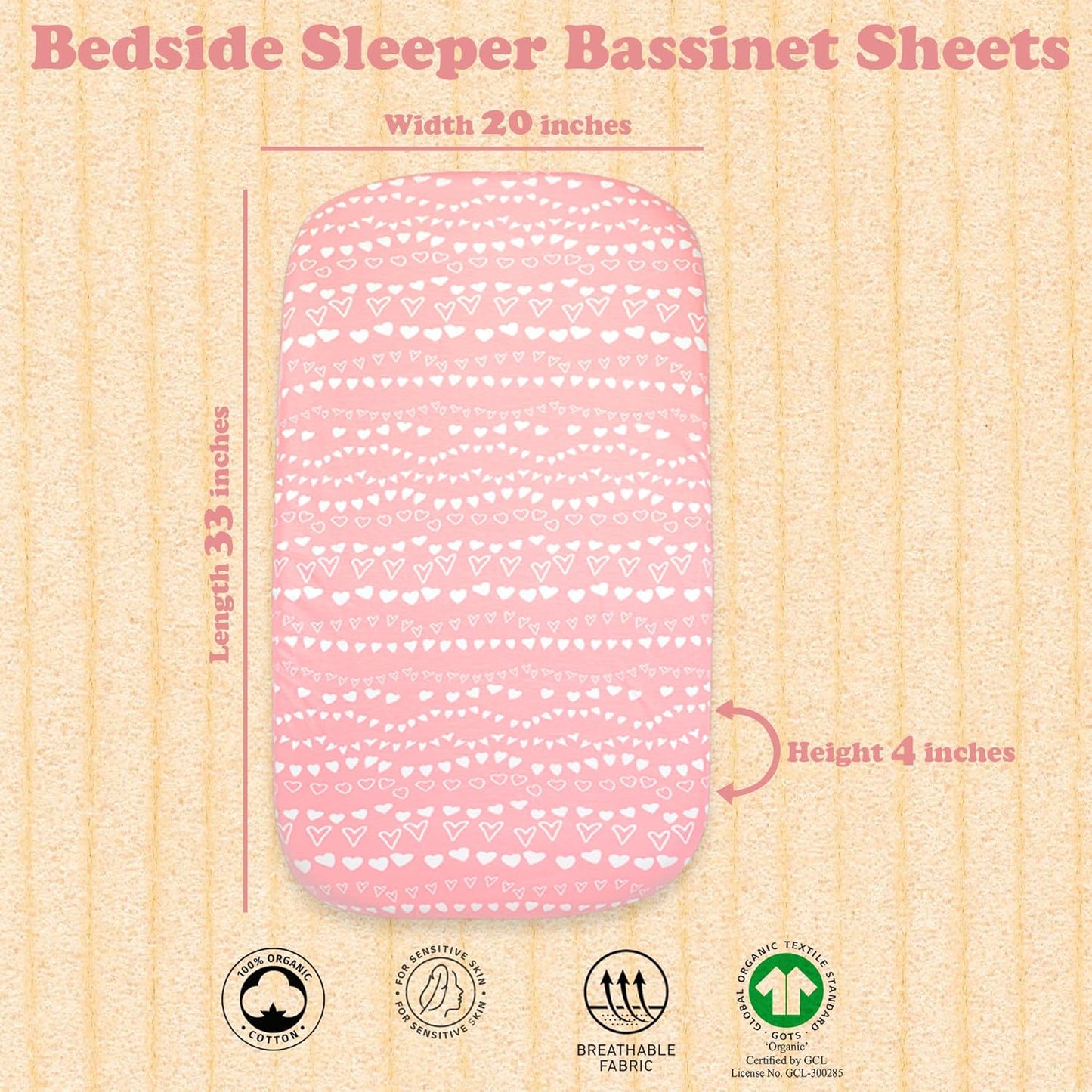3-Pack Bedside Sleeper Bassinet Sheets | GOTS Certified Organic 100% Muslin Cotton | Ultra Soft & Breathable | 33×20×4” Fitted Sheets | Universal Fit 29–33” x 17–21” Pads