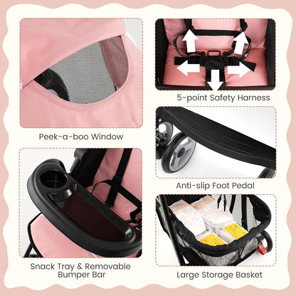 Baby Joy Lightweight Stroller, Compact Toddler Travel Stroller for Airplane, Infant Stroller w/Adjustable Backrest/Footrest/Canopy, 5-Point Harness, Storage Basket, Easy One-Hand Fold (Gray)