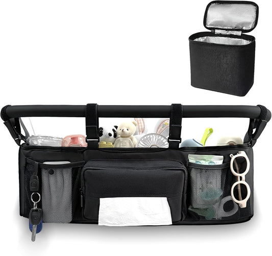 Double Stroller Organizer for Bob Duallie and Baby Jogger City Mini GT2, Double Jogging Stroller Caddy with 2 Insulated Cooler Pockets & Detachable Bag