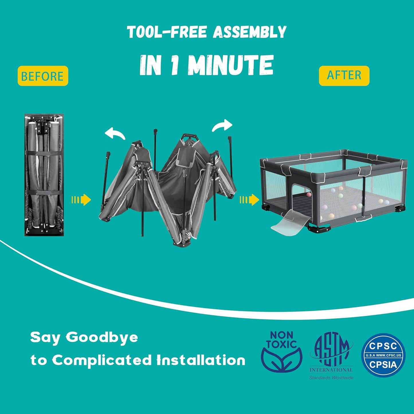 ICAREWAY Foldable Playpen for Babies and Toddlers, 50x50 Inches Portable Playpen, Kids Collapsible Play Pen with 2 Handlers, Indoor & Outdoor Baby Fence Play Area with Visible Mesh, Dark Gray