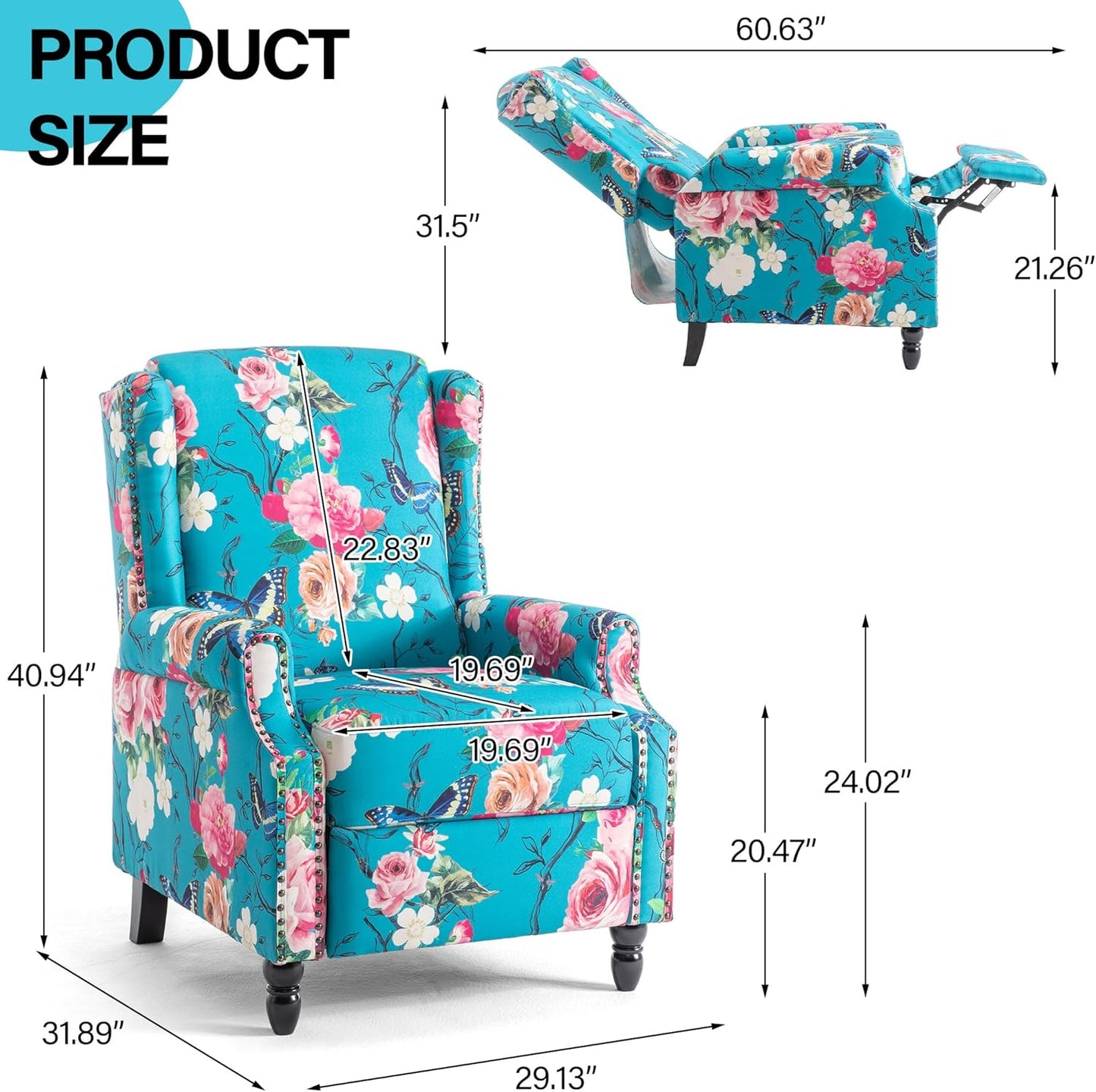 Swivel Rocker Recliner Chair, Manual Nursery Glider Recliner, Floral Fabric Wingback Accent Chair with Adjustable Backrest & Footrest for Small Spaces Living Room Bedroom (Plants Floral, Set of 1)