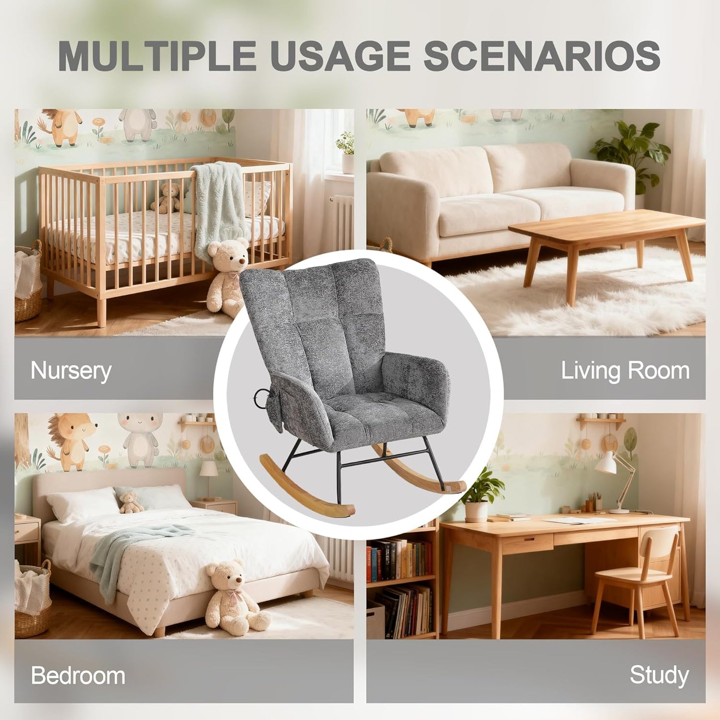 Rocking Chair Nursery with Airbag, Comfy Modern Nursery Rocking Reading Chair indoor with Footrest, Cozy Upholstered Glider Rocker Chairs for Living Room Bedroom Offices(Chenille, Dark Grey)