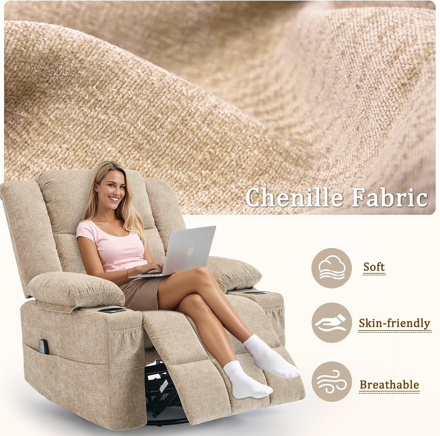 Korser 360° Swivel Rocker Recliner for Adults, Nursery Glider Recliner with Massage and Heating, Rocking Chair with Cup Holder, Manual Recliner Chair for Living Room, Bedroom (Fabric, Beige)