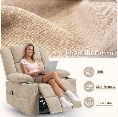 Korser 360° Swivel Rocker Recliner for Adults, Nursery Glider Recliner with Massage and Heating, Rocking Chair with Cup Holder, Manual Recliner Chair for Living Room, Bedroom (Fabric, Beige)