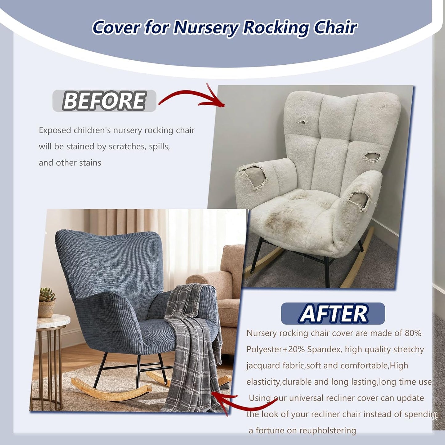 Nursery Rocking Chair Cover,1 Piece Glider Chairs Cover Slipcovers,Soft with Elastic Bottom Spandex Jacquard Small Checks,Furniture Protector Washable
