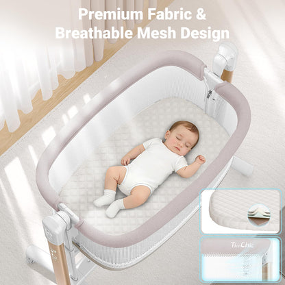 Electric Baby Bassinet, 7 Height Adjustable Rocking Bassinet for Baby, Auto Infant Sleeper with Timer, 12 Lullabies, Wheels, Smart Rocking Crib for Newborns, Beige