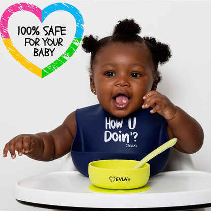 EVLA'S Baby Feeding Set, Baby Led Weaning Supplies, Adjustable Silicone Bibs, Divided Plate, Suction Bowl with Lid, Soft Spoons for Babies or Toddlers, Baby Registry must have!(Pink and Purple)
