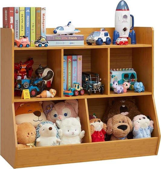 Kovhzcu Toy Storage Organizer with Bookshelf, 5-Cubby Children's Toy Shelf, Toy Storage Cabinet for Children's Room, Playroom, Hallway, Kindergarten, School (Natural)