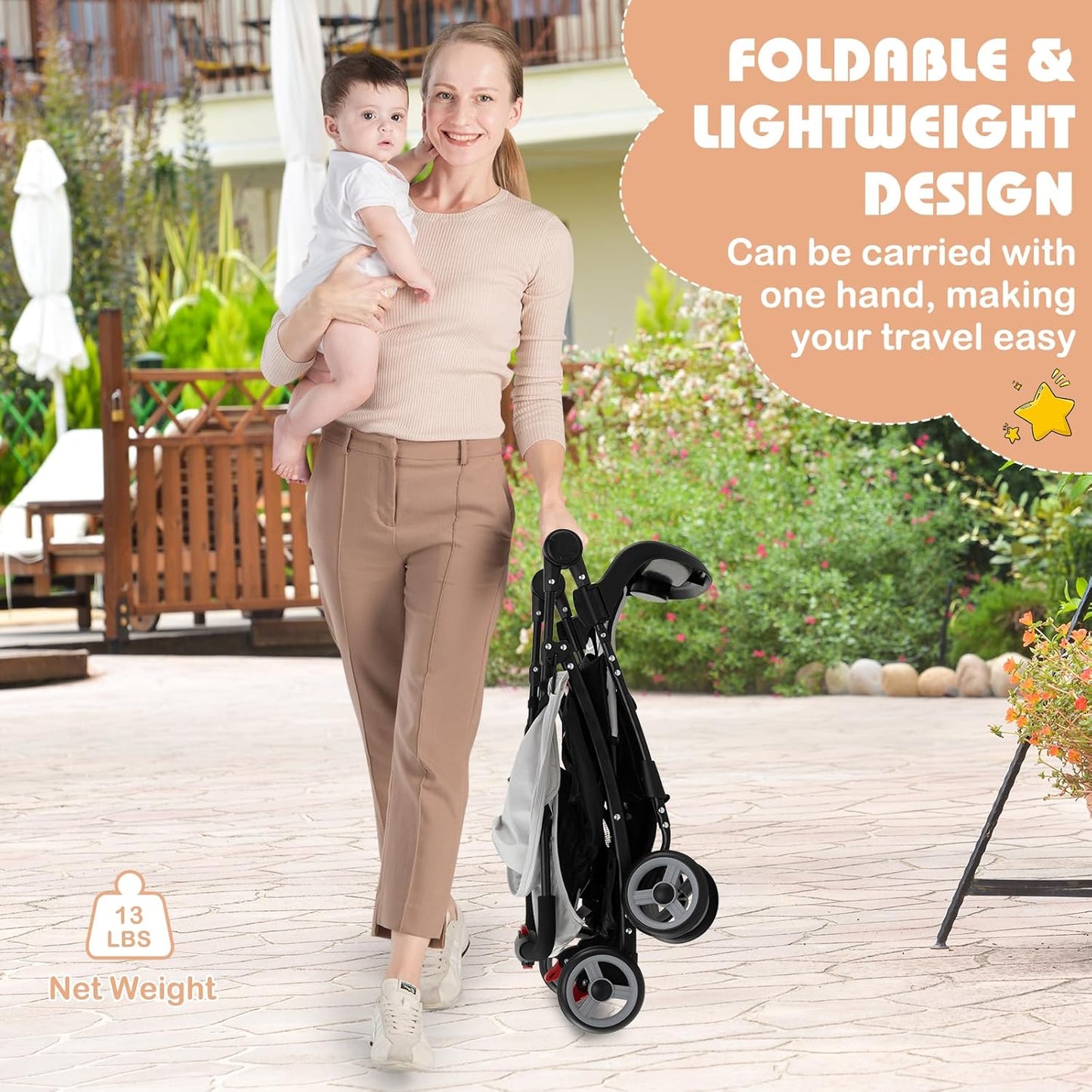 HONEY JOY Lightweight Stroller, Compact Travel Stroller for Airplane, Toddler Fold Pushchair w/Adjustable Canopy & Backrest, Storage Basket, Umbrella Stroller for Infants (Gray)