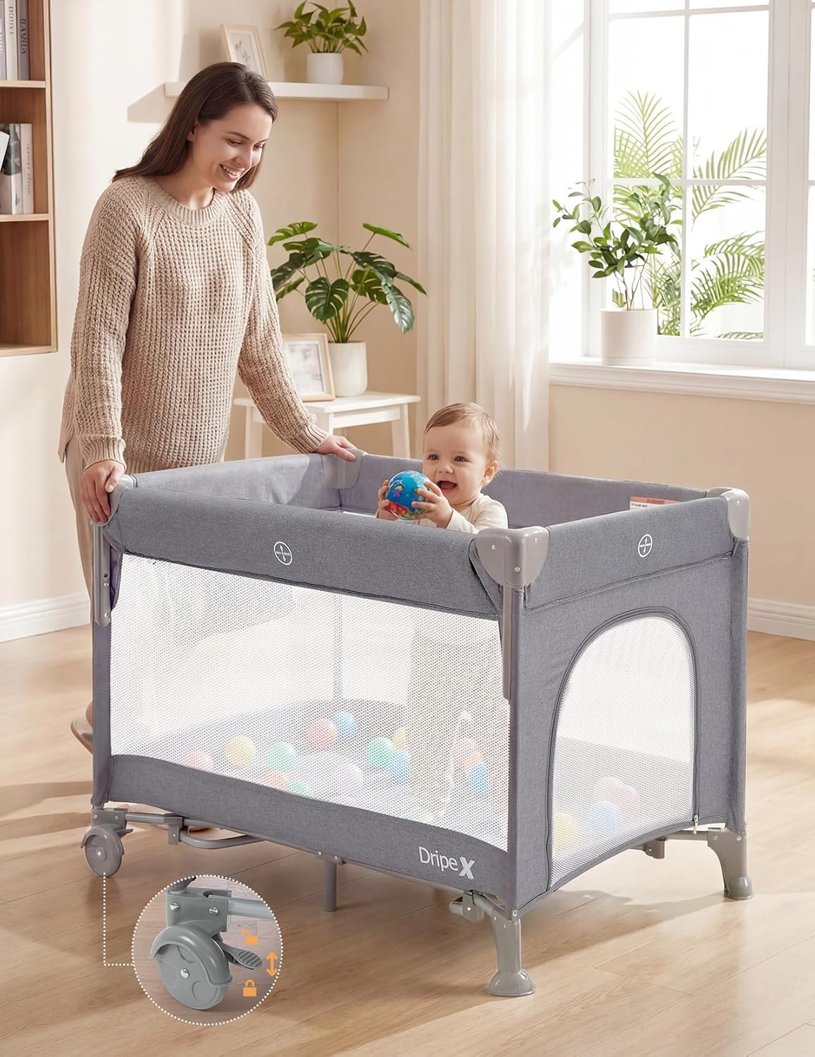 Dripex 5 in 1 Pack n Play Bedside Sleeper, 2-Level Height Baby Crib, Storage Pocket & Breathable Mesh - Foldable Portable Baby Bedside Bassinet for 0 to 12 Months (Travel/Home), Dark Grey