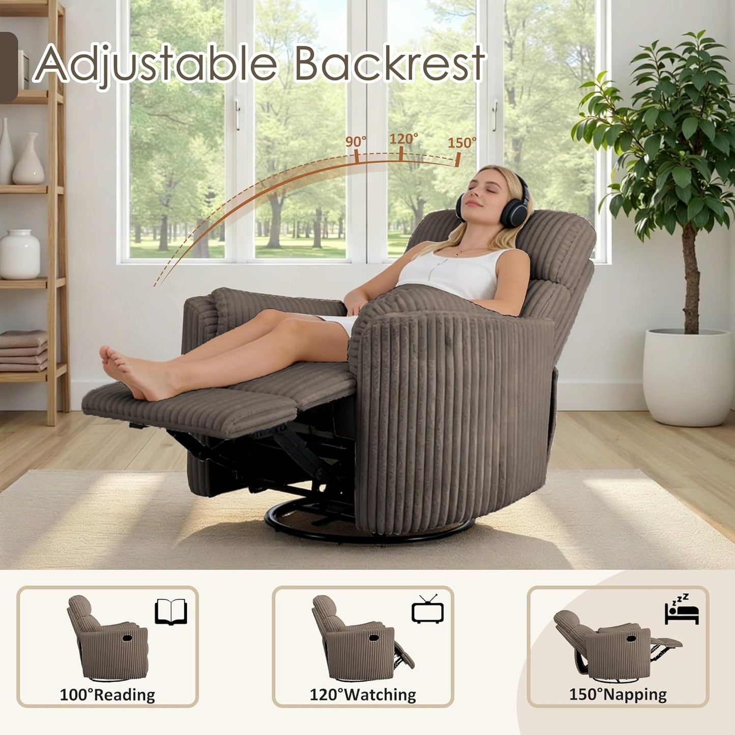 Nursery Rocking Chairs Comfy High Back 360 Swivel Rocker Recliner with 2 Pillows Glider Recliner Nursery Chair for Adults Small Spaces Nursing Bedroom Living Room Beige