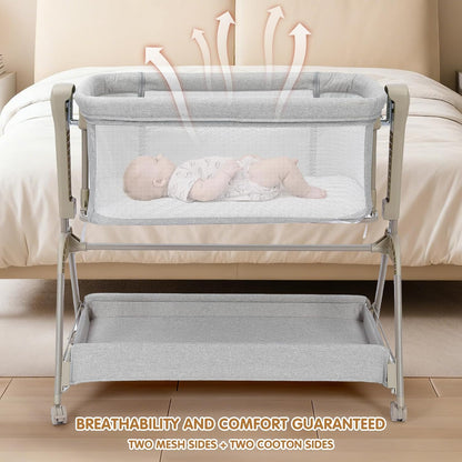 Ezebaby Baby Bassinet Bedside Crib, 3-in-1 Rocking Bassinets Bedside Sleeper with Comfy Mattress and Wheels, 6-Height Adjustable, Stable and Secure Crib for Newborn Infant