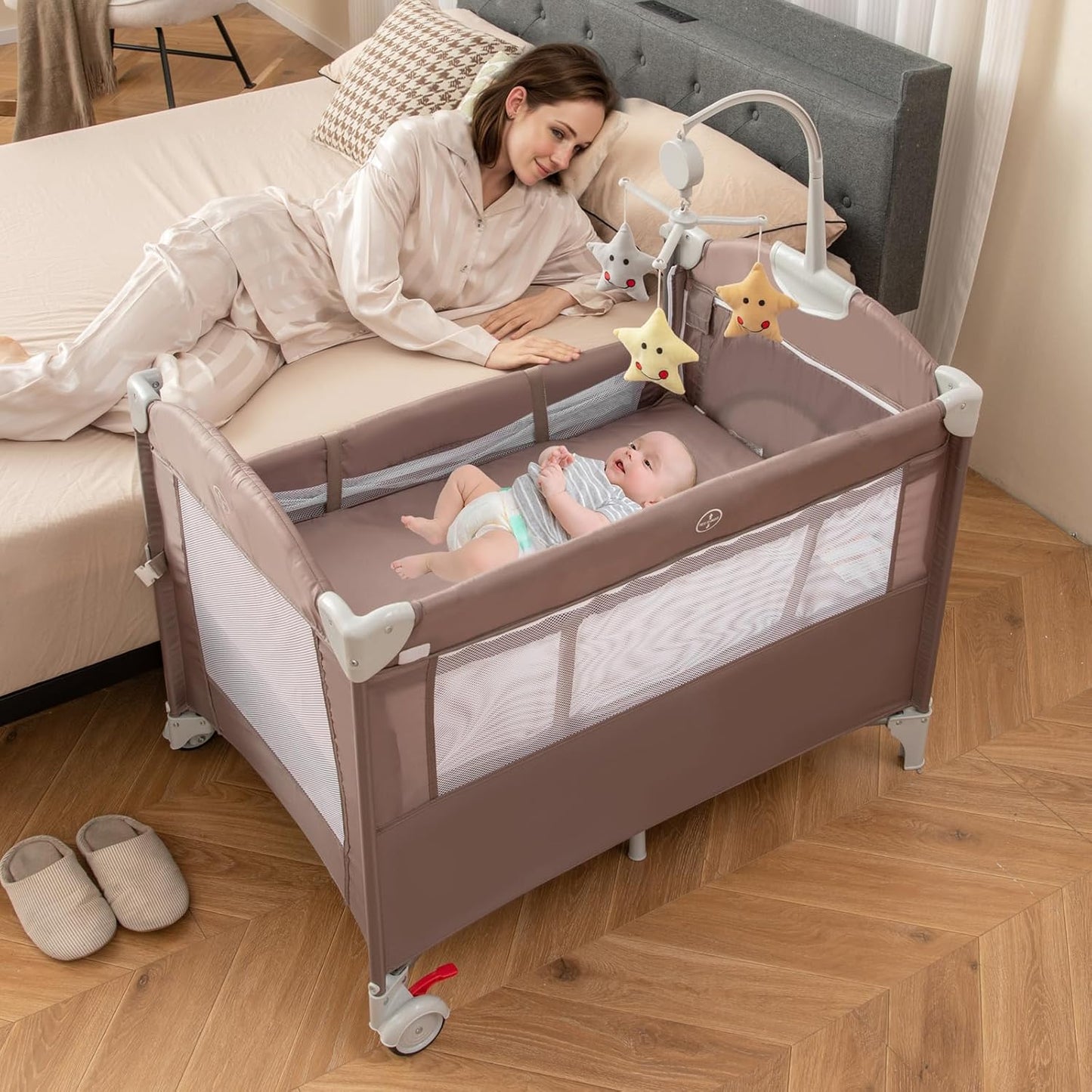 HONEY JOY Pack and Play with Bassinet, 5-in-1 Baby Bedside Sleeper w/Diaper Changing Table & Storage Bag, Toy Arch & Music Box, Detachable Side Rail, Portable Baby Play Yard w/Carry Bag(Gray)