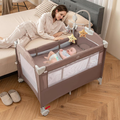 HONEY JOY Pack and Play with Bassinet, 5-in-1 Baby Bedside Sleeper w/Diaper Changing Table & Storage Bag, Toy Arch & Music Box, Detachable Side Rail, Portable Baby Play Yard w/Carry Bag(Gray)