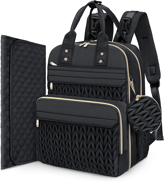 CandyHome Diaper Bag Backpack, Waterproof Stylish Baby Bag with Changing Pad, Large Capacity Travel Essentials Baby Diaper Bag with USB Port, Stroller Straps & Pacifier Case (Black)
