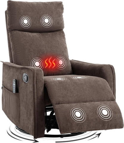 Trustyue Swivel Rocker Recliner Chair, 360° Swivel Recliner with Heat and Massage, Rocker Recliner Nursery Glider Chair with Side Pockets for Living Room (Beige, Fabric)