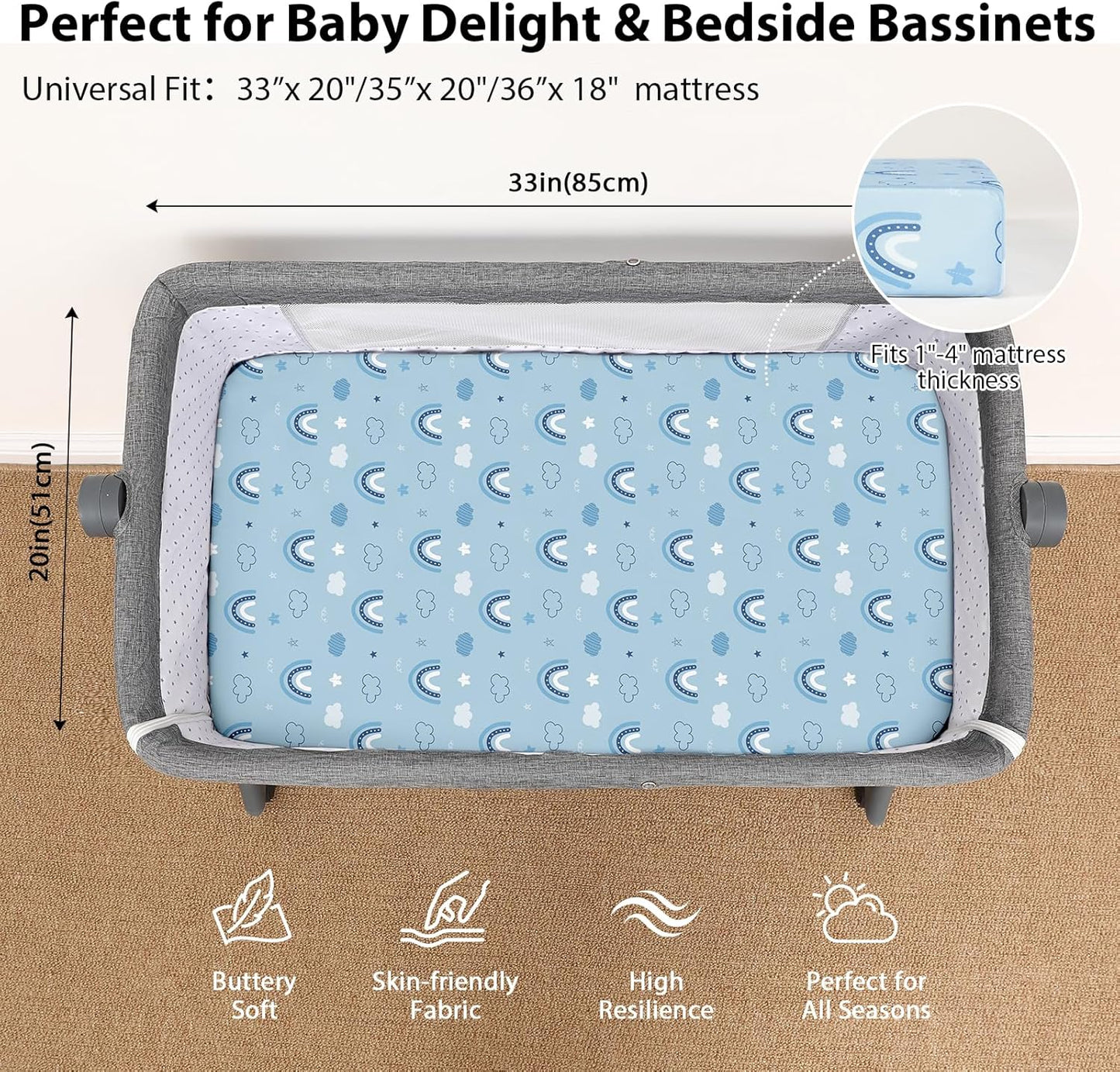 Baby Bedside Bassinet Sheets Girl, 33”x20” Compatible with Baby Delight Dream On Me & Most Rectangle Bedside Sleeper Bassinet Mattress, Super Soft Microfiber Pink Butterfly Flower