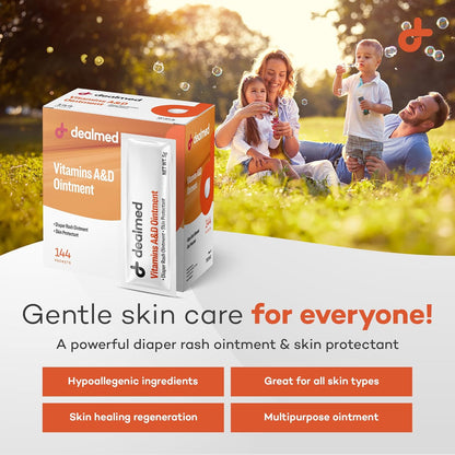 Dealmed A&D Ointment | Diaper Rash Cream for Baby with Vitamins A & D | Moisturizing Skin Protectant | Soothes and Nourishes | Healing Ointment for Dry and Cracked Skin (144 Packets/Box, Pack of 1)