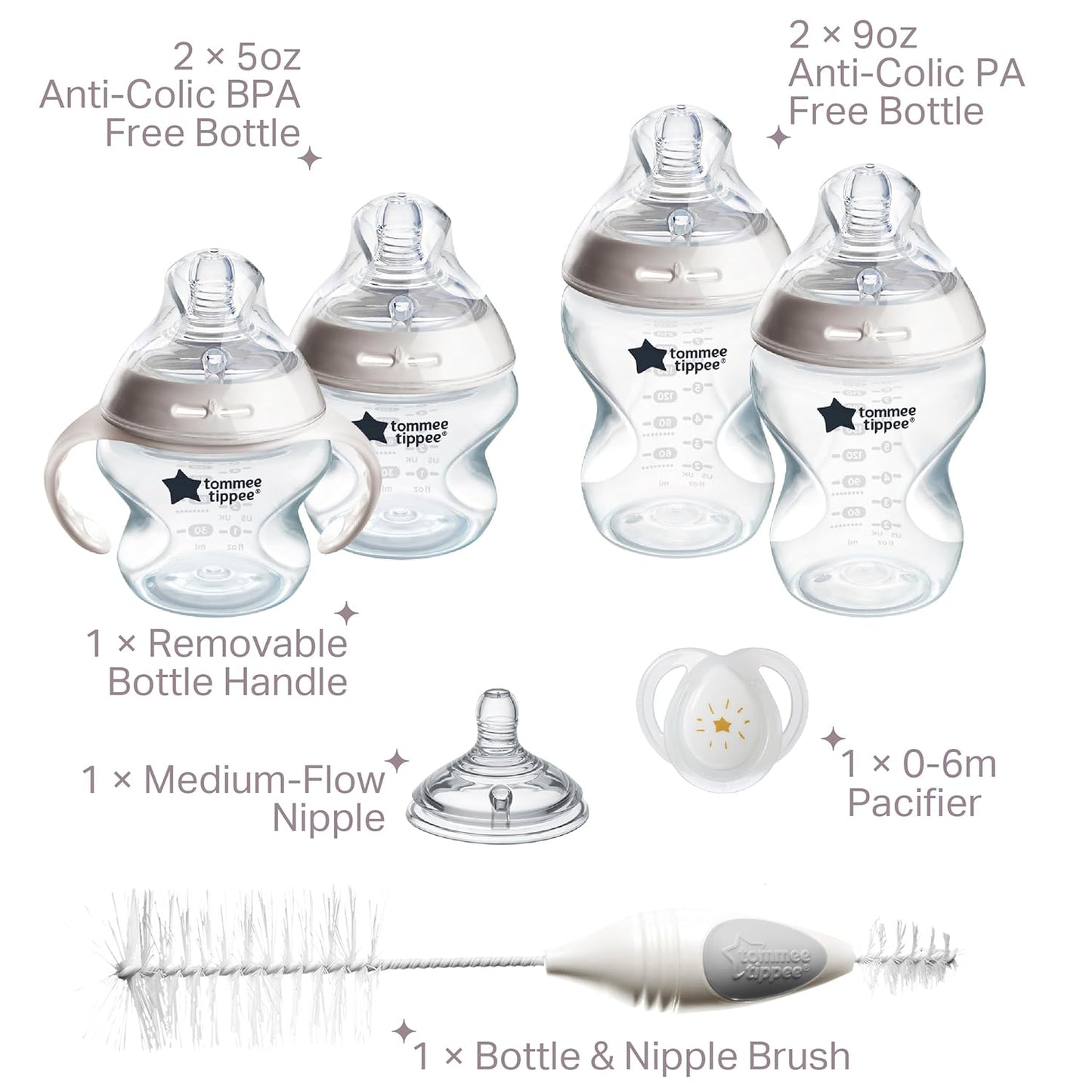 Tommee Tippee Natural Start 12 Piece BPA Free Bottle Set, Includes 2 x 5 oz, 3 x 9 oz, 1 x 11 oz Bottles, Newborn 0+ Months, Slow, Medium & Thicker Flow Breast-Like Nipples, Cleaning Brush, Clear