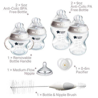 Tommee Tippee Natural Start 12 Piece BPA Free Bottle Set, Includes 2 x 5 oz, 3 x 9 oz, 1 x 11 oz Bottles, Newborn 0+ Months, Slow, Medium & Thicker Flow Breast-Like Nipples, Cleaning Brush, Clear