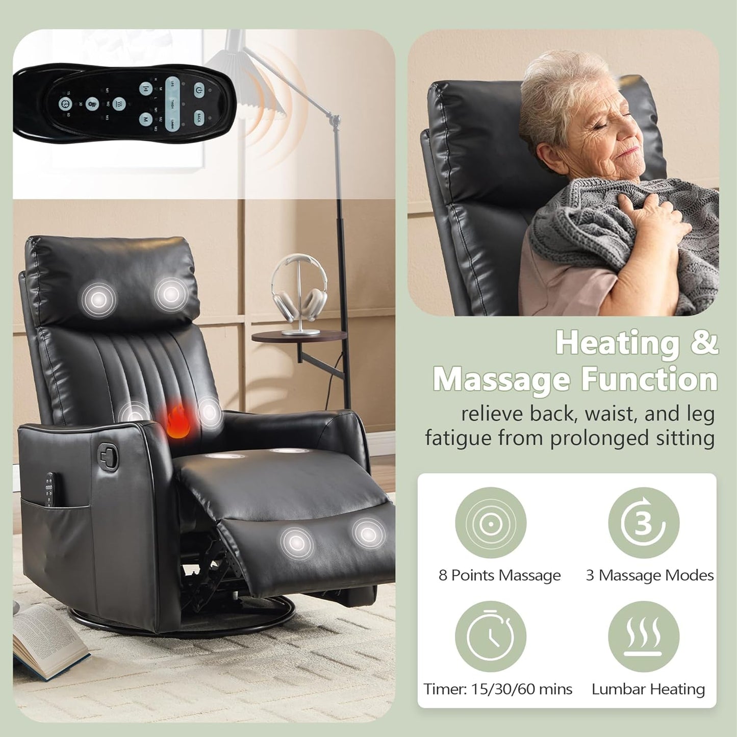 cinkehome Swivel Rocker Recliner, Glider Rocker Recliner Chair for Nursery, Manual Reclining Chair with Heated Massage, Small Spaces, Living Room, Khaki Chenille