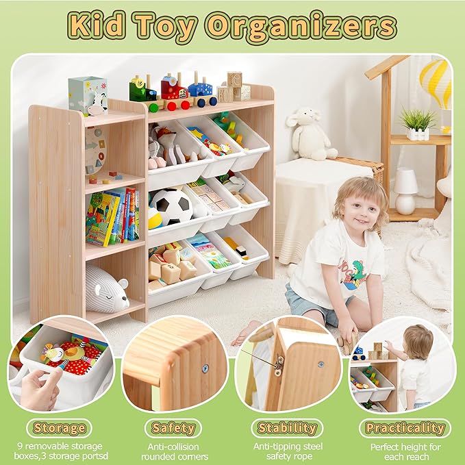 MallBest 4-Tier Kids' Toy Storage Organizer Shelf - 100% Solid Wood,Children's Storage Cabinet with 9 Plastic Bins and and 3 Storage Ports (Varnish-Single Color)