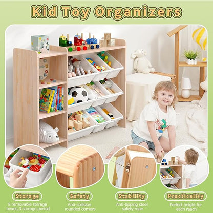 MallBest 4-Tier Kids' Toy Storage Organizer Shelf - 100% Solid Wood,Children's Storage Cabinet with 9 Plastic Bins and and 3 Storage Ports (Varnish-Single Color)