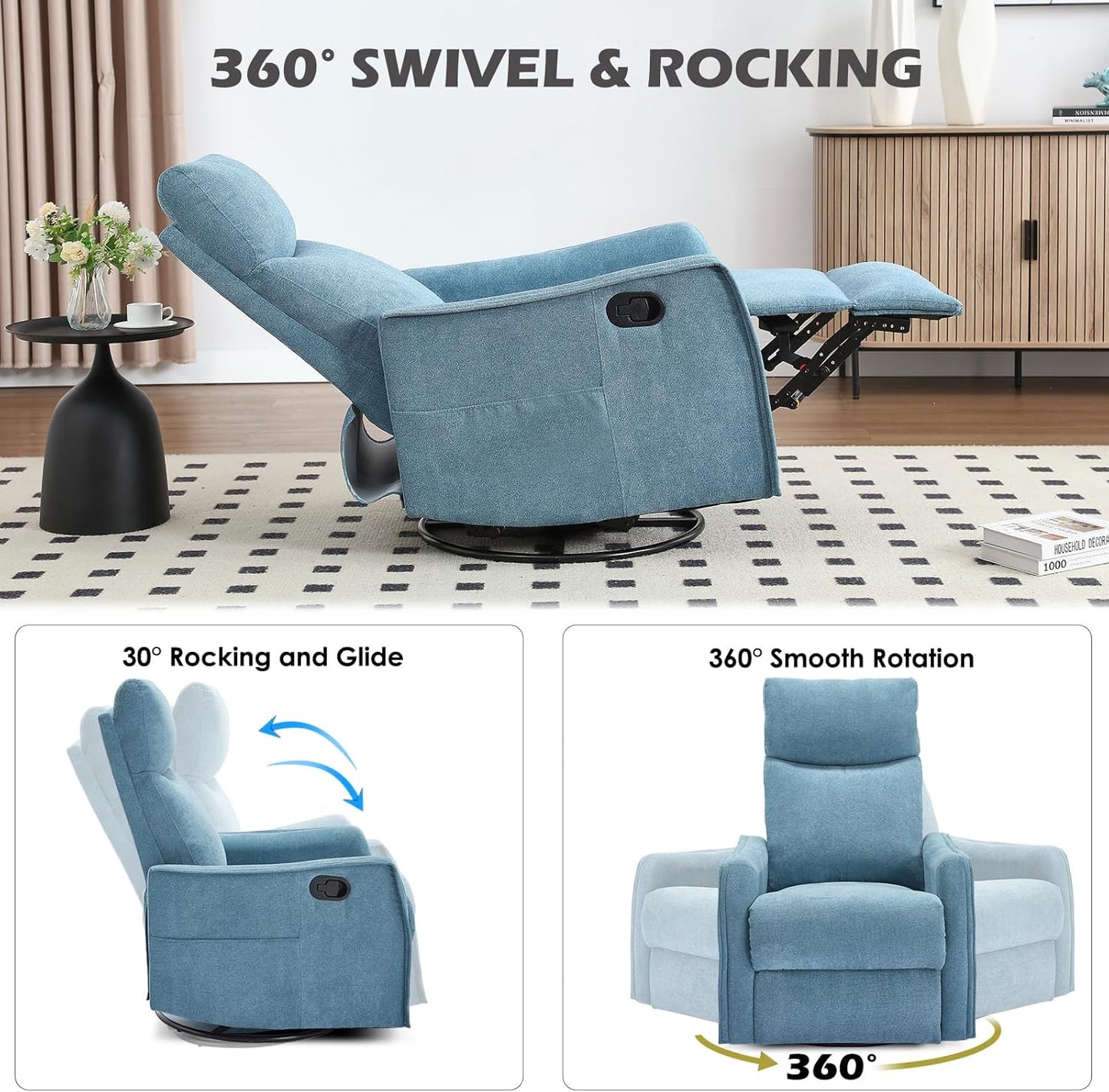 Trustyue Swivel Rocker Recliner Chair, 360° Swivel Recliner with Heat and Massage, Rocker Recliner Nursery Glider Chair with Side Pockets for Living Room (Beige, Fabric)