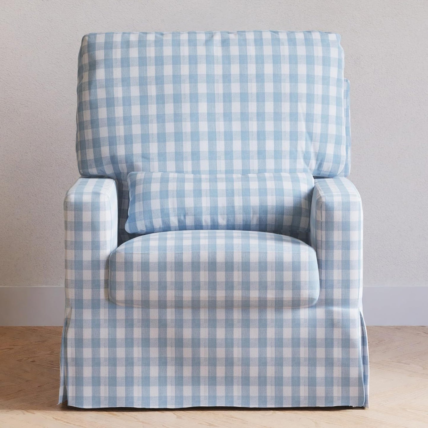 Namesake Crawford Pillowback Comfort Swivel Glider in Tan Gingham, Water Repellent & Stain Resistant, Greenguard Gold & CertiPUR-US Certified