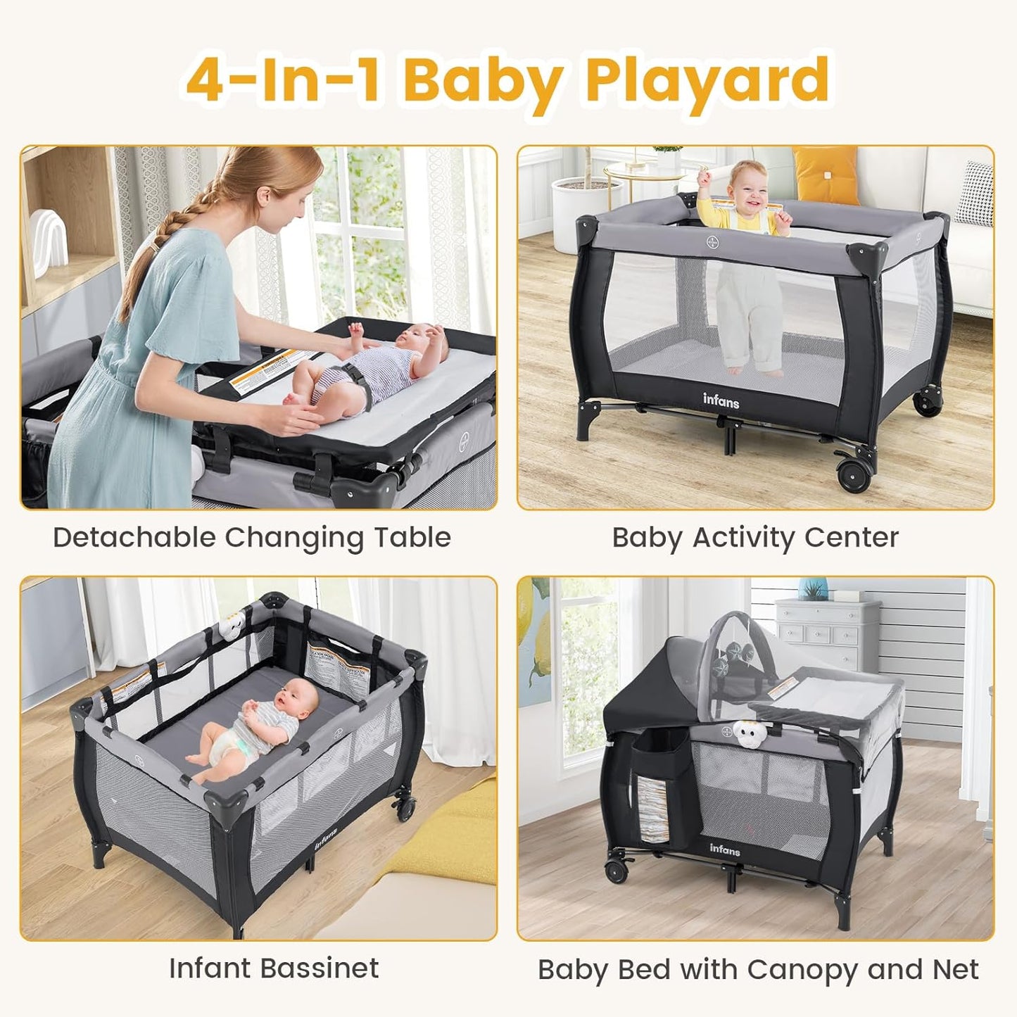 INFANS 4 in 1 Pack and Play, Portable Travel Baby Playard with Bassinet, Changing Table, Canopy, Mosquito Net, Hanging Toys, Music Box, Storage Bag, Large Playpen from Newborn to Toddlers (Pink)