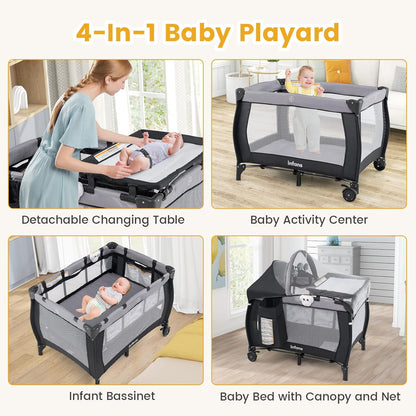 INFANS 4 in 1 Pack and Play, Portable Travel Baby Playard with Bassinet, Changing Table, Canopy, Mosquito Net, Hanging Toys, Music Box, Storage Bag, Large Playpen from Newborn to Toddlers (Pink)