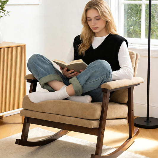 Rocking Accent Chair, Nursery Upholstered Glider Cozy Small Rocker Rocking Chair for Adult, Comfy Side Modern Arm Chair for Living Room/Bedroom/Offices/Balcony-White