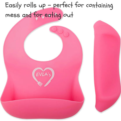 EVLA'S Baby Feeding Set, Baby Led Weaning Supplies, Adjustable Silicone Bibs, Divided Plate, Suction Bowl with Lid, Soft Spoons for Babies or Toddlers, Baby Registry must have!(Pink and Purple)