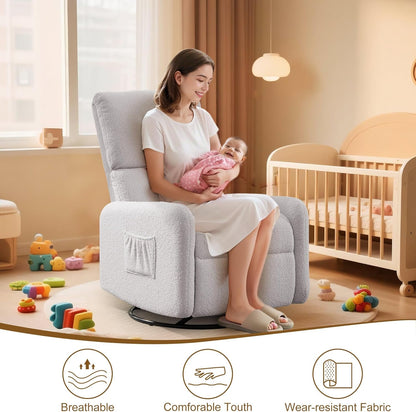 Korser 360° Rocking Chair, Nursery Rocker Chair with Side Pockets, Glider Nursing Chair with Steel Structure Base, Small Chair for Small Spaces, Sherpa Swivel Accent Chairs for Living Room, Nursing