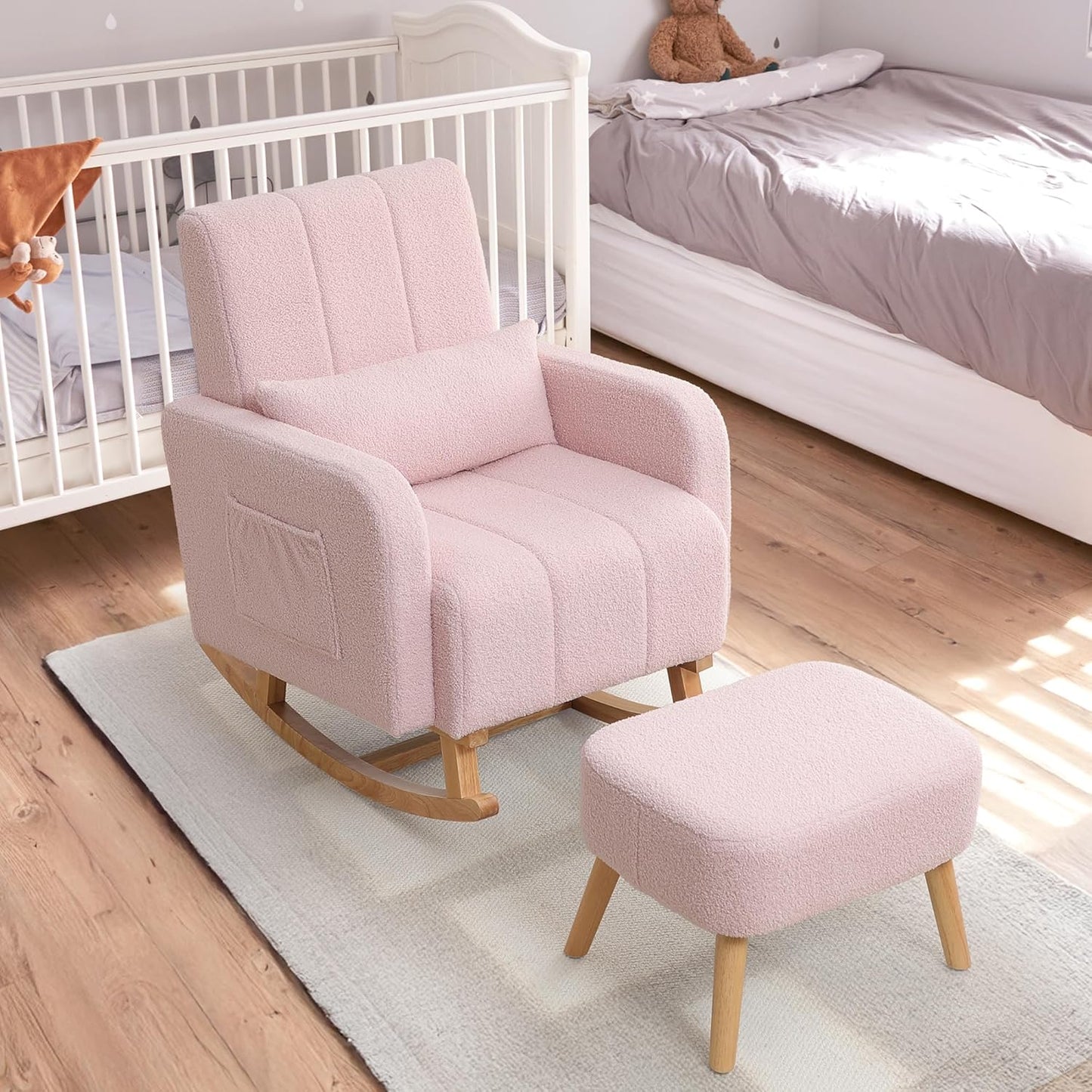 HCHAIRH Nursery Rocking Chair with Ottoman, Upholstered Glider Rocker with High Backrest Side Pocket, Rocking Accent Armchair with Solid Wood Legs for Nursery, Living Room, Bedroom, Light Grey