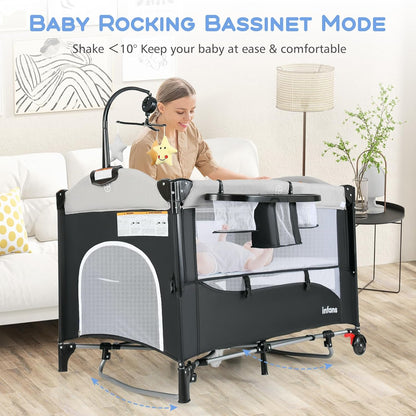INFANS Pack and Play, 5 in 1 Baby Bedside Sleeper with Bassinet, Diaper Changer, Mattress, Carry Bag, Music Box Hanging Toys, Foldable Bedside Crib, Portable Playard for Newborn Toddlers (Gray)