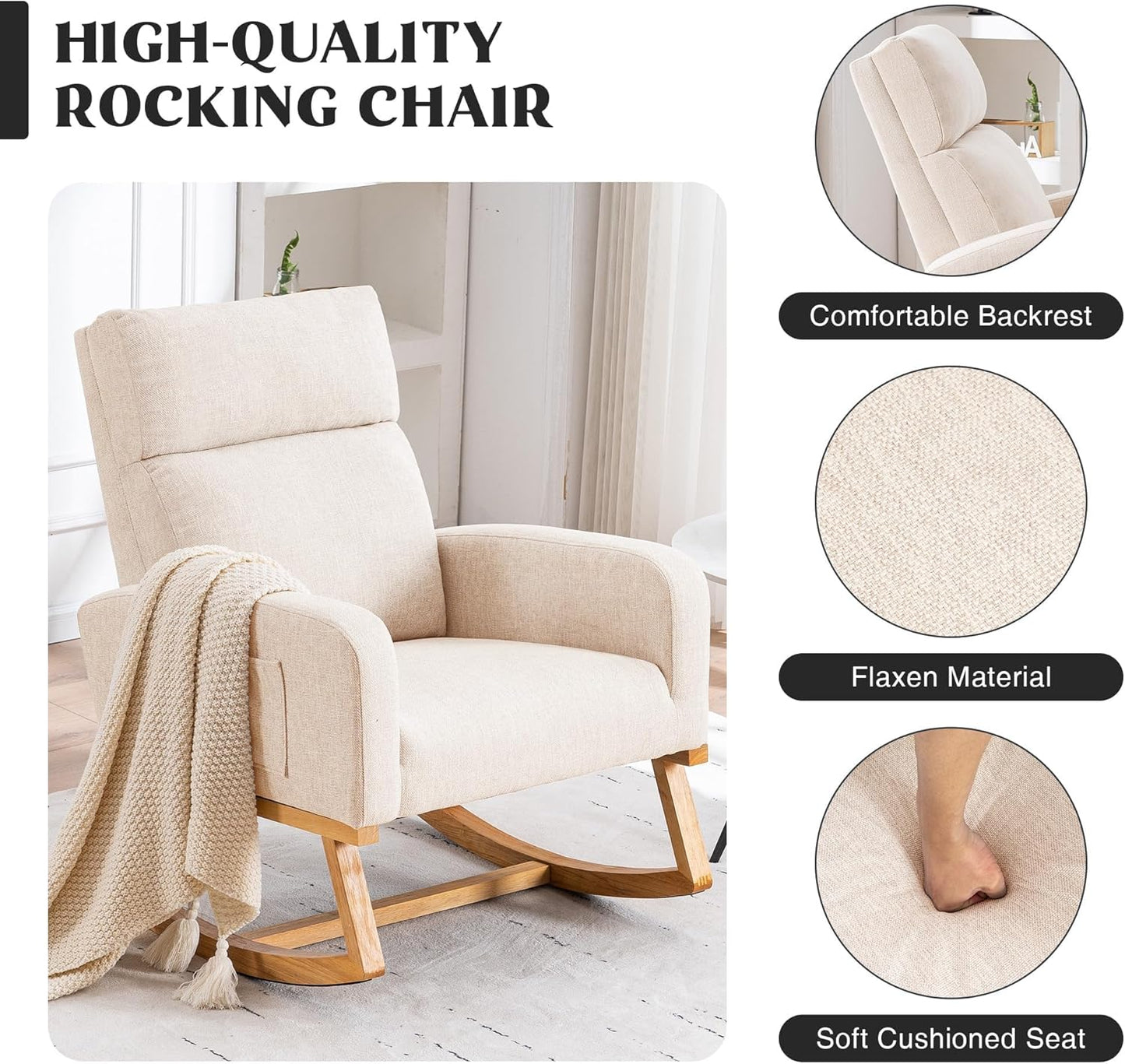 HCHAIRH Rocking Chair Nursery, Upholstered Fabricr Nursing Rocking Chairs with Soft High Back, Modern Nursery Glider Rocker for Mom Living Room, Bedroom, Camel