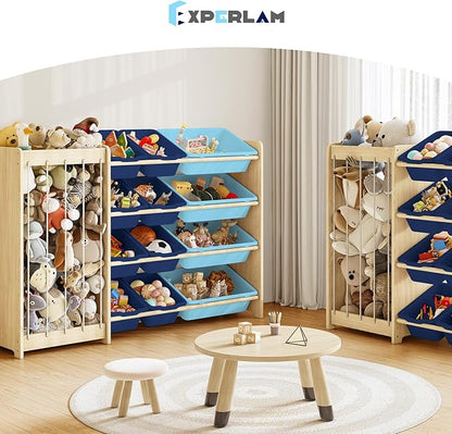 EXPERLAM Kids Toy Storage Organizer, 2-in-1 Stuffed Animal Storage & Toy Organizer w/12 Bins, Solid Wood Toy Rack Featuring Thicker Elastic Ropes, Playroom Nursery Bedroom Storage, Blue