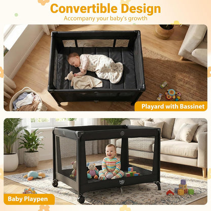 BABY JOY 3 in 1 Pack and Play, Portable Baby Playard with Bassinet, Changing Table, Lockable Wheels, Glowing Music Box, Travel Baby Crib Bassinet Bed from Newborn to Toddler