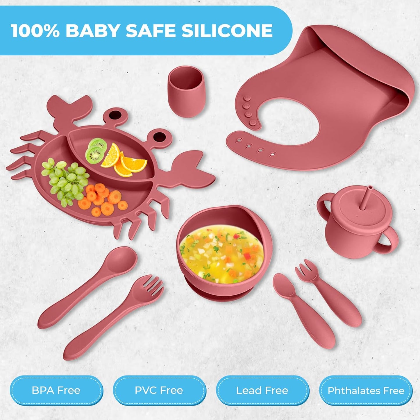 Silicone Baby Feeding Set - 9 Pieces - First Stage Solid Food Eating Baby Utensils - 6+ Months - Crab Shape