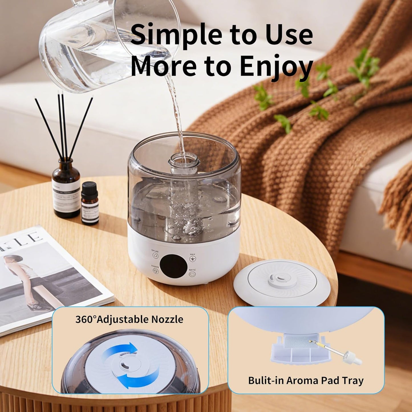 Humidifiers for Bedroom, 3L Top Fill 26H & Quiet Runtime for Large Room, Cool Mist Ultrasonic Humidifier with Humidity Sensor, Aroma Diffuser, Air Humidifier for Home, Baby, Nursery, Plants