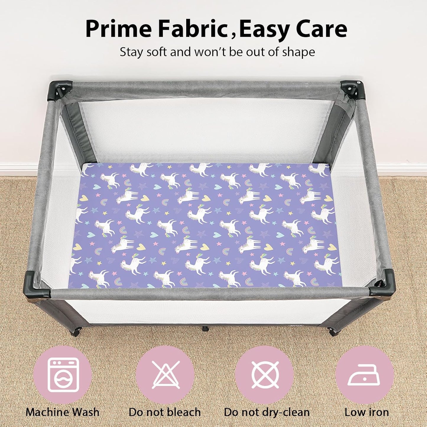 Baby Mini Crib Sheets Girl, Portable 38”x26” Pack and Play Sheets Fitted for Playard and Pack N Play Mattress, 3-Pack Soft Microfiber Pink Rainbow