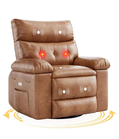 GarveeHome Oversized Power Rocker Swivel Recliner Chair - Heat and Massage, PU Leather Electric Glider Rocking Chair with USB Port, Glider Recliner Nursery Chair for Living Room, Bedroom, Nursery